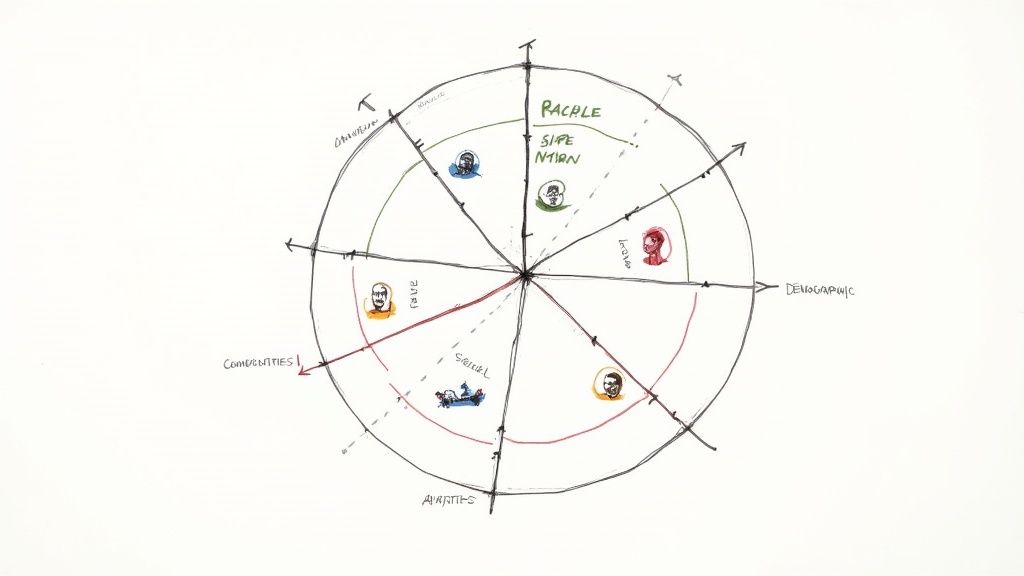 A hand-drawn radial diagram illustrating user segmentation across demographic, communities, and affinities.