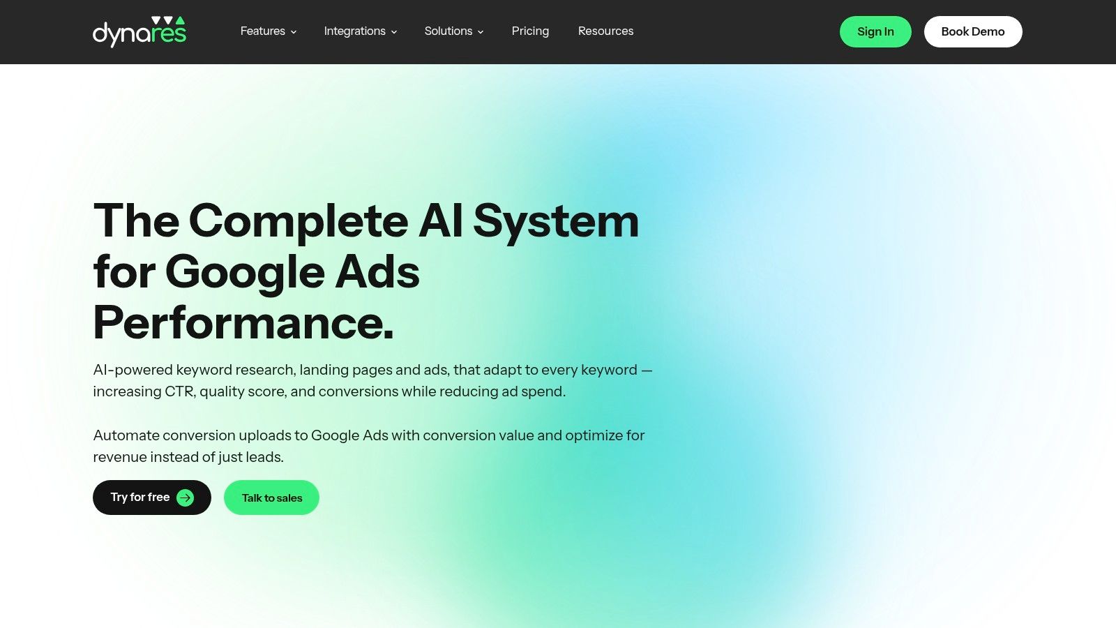 dynares platform showing AI-generated Google Ads landing page examples