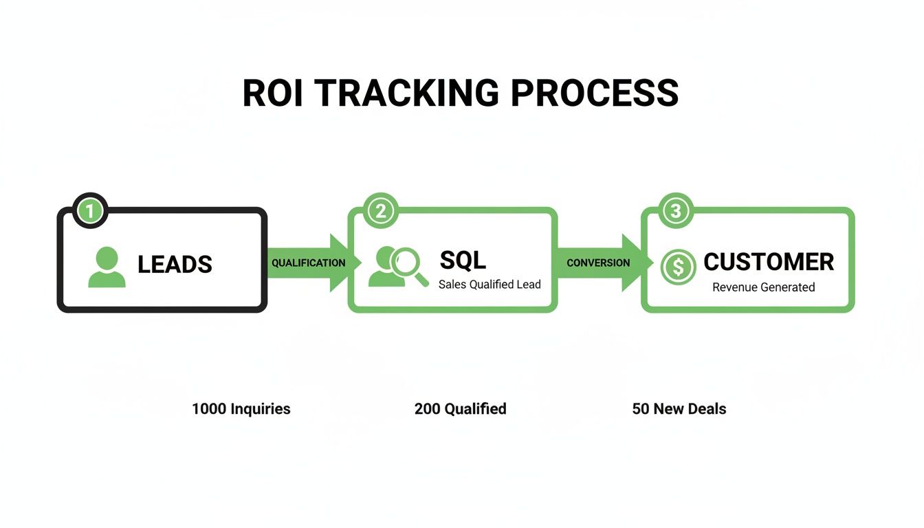 ROI tracking process flowchart illustrating leads, sales qualified leads, and customer conversion stages.
