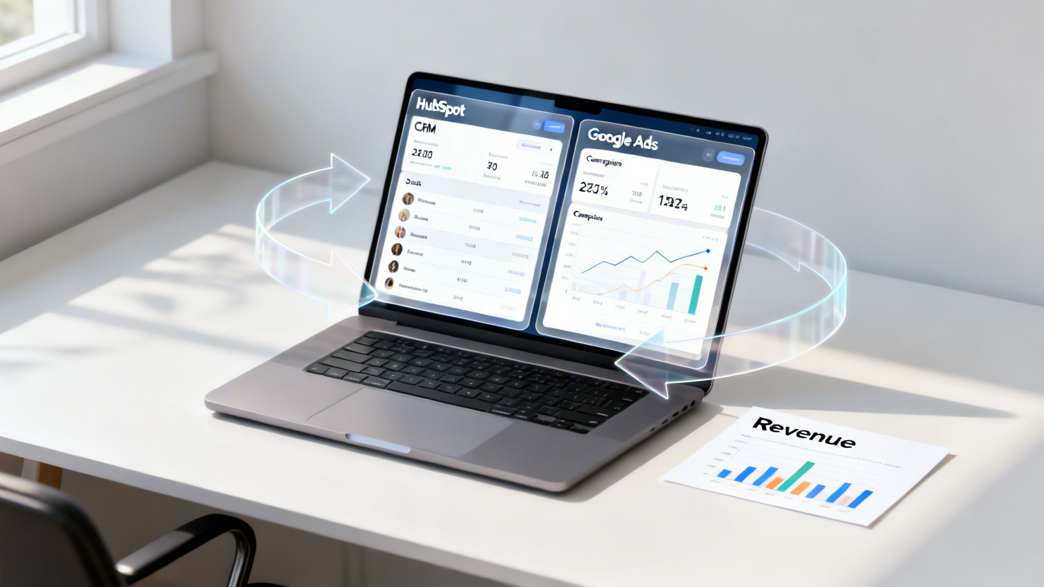 Laptop screen showing HubSpot CRM and Google Ads dashboards with integration arrows, and a revenue chart.