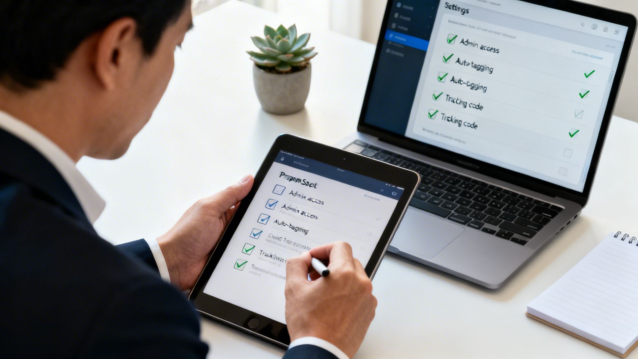 A man uses a stylus on a tablet, managing settings also displayed on a laptop.